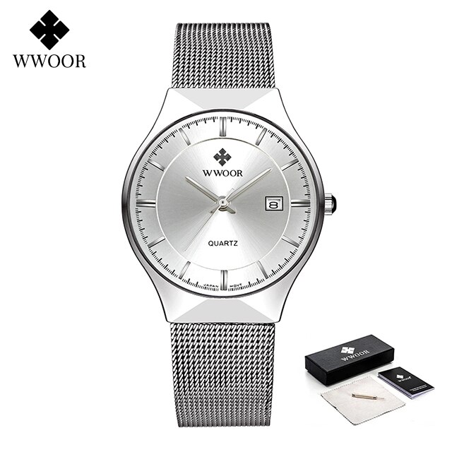 Relojes WWOOR plateados para hombre con malla de acero, superior de lujo, cuarzo ultrafino, resistente al agua, fecha, reloj de pulsera de negocios, caja Montre Homme: Plata