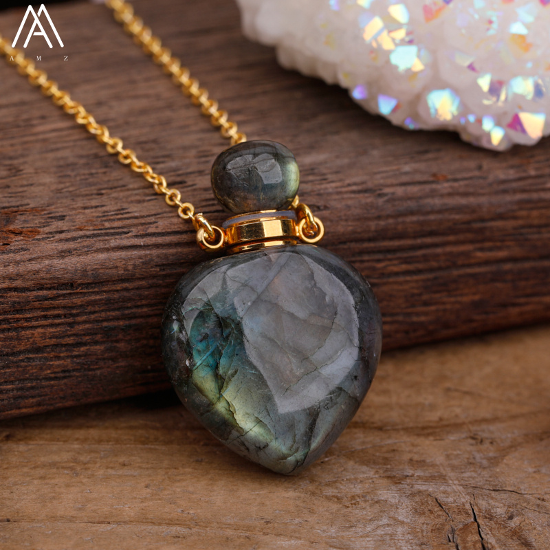 Arco-íris labradorite garrafa de óleo essencial perfume garrafa pingente colar moda feminina coração gem pedra jóias presente dropship