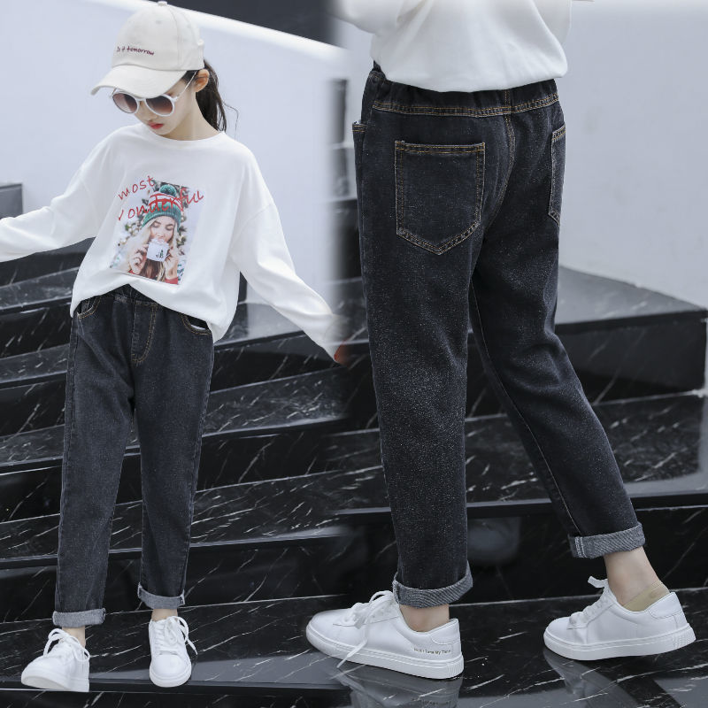 Vår höst barnkläder flickor jeans barn jeans byxor byxor resår i midjan bred casual tonåring jeans för tjej  w485