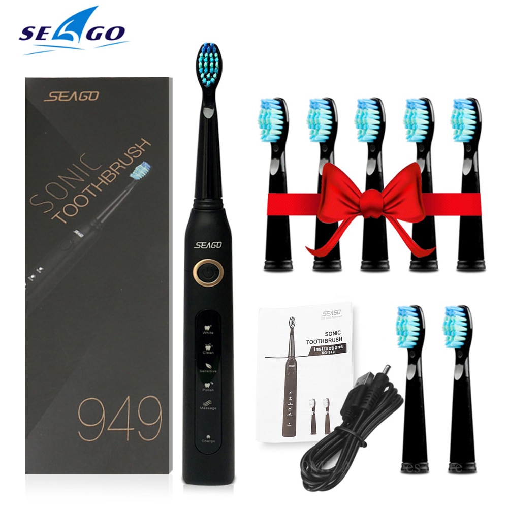 SEAGO SG-949 Elektrische Sonische Tandenborstel USB Oplaadbare Waterdichte Elektrische Tandenborstel met 7 Opzetborstels Smart Timer Tandenborstel