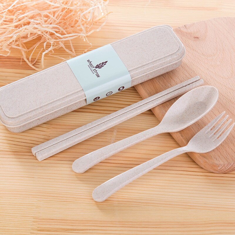 Tarwe Stro Servies Set Eetstokjes Lepel Vork 3 Stuks Box Diner Service Volwassenen Werk Kinderen Outdoor Reizen Picknick Benodigdheden: beige