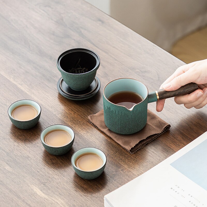 LUWU green ceramic kyusu teapots with 3 cups a tea sets portable travel tea set drinkware