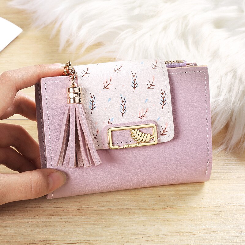 Kwasten Korte Portemonnee Tas Voor Vrouwen Pu Lederen Clutch Tassen Leuke Koreaanse Kaarthouder Vrouwelijke Vouwen Kleine Portemonnee bolsas: purple