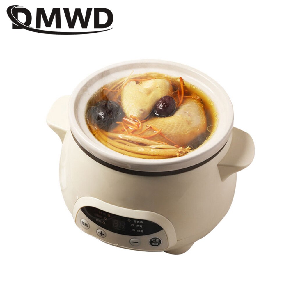 DMWD Household Electric Stewing Pot 1.2L Soup Pot Mini Slower Cooker Porridge Casserole White Porcelain Liner Breakfast Machine