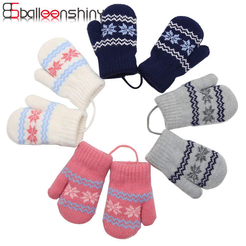 Balleenshiny Winter Kids Gloves Children&#39;s Small Snowflake Alpaca Wool Thick Warm Knitted Mittens Newborn Baby Gloves