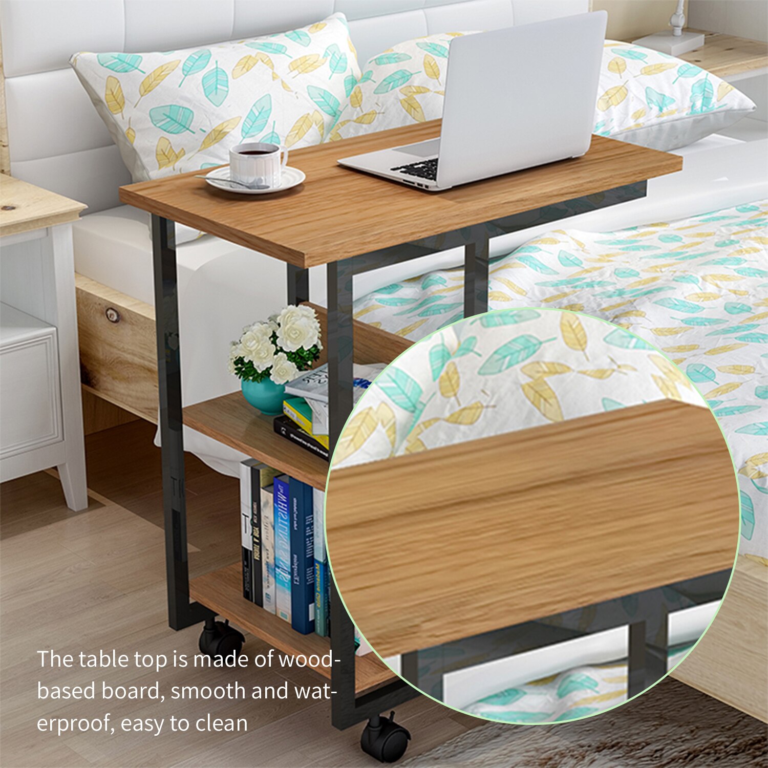 3-Tier Storage Table Mobile Laptop Side Table Tray for Sofa Bed Couch C-Shaped Table Desk Rolling Casters with Brakes Side Table