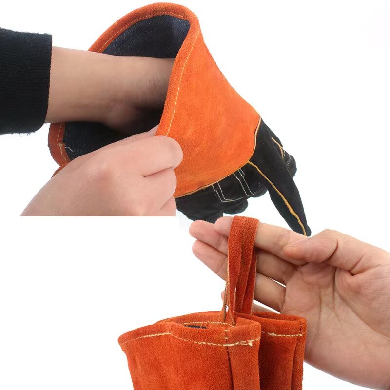 Guantes de soldadura de cuero, manoplas resistentes al calor, al fuego, para horno, chimenea, estufa, barbacoa, con manga larga
