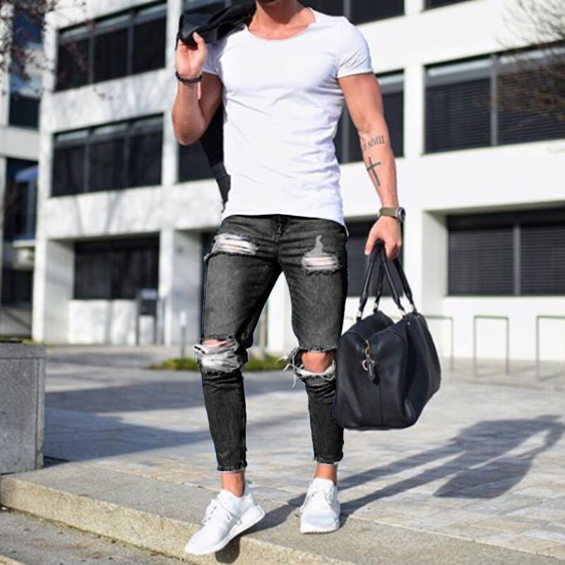 Men Long Pencil Pants Skinny Ripped Jeans Slim Spring Hole Jeans Men Hip-Hop Ankle Totem Denim Trousers: 1090 Black / M