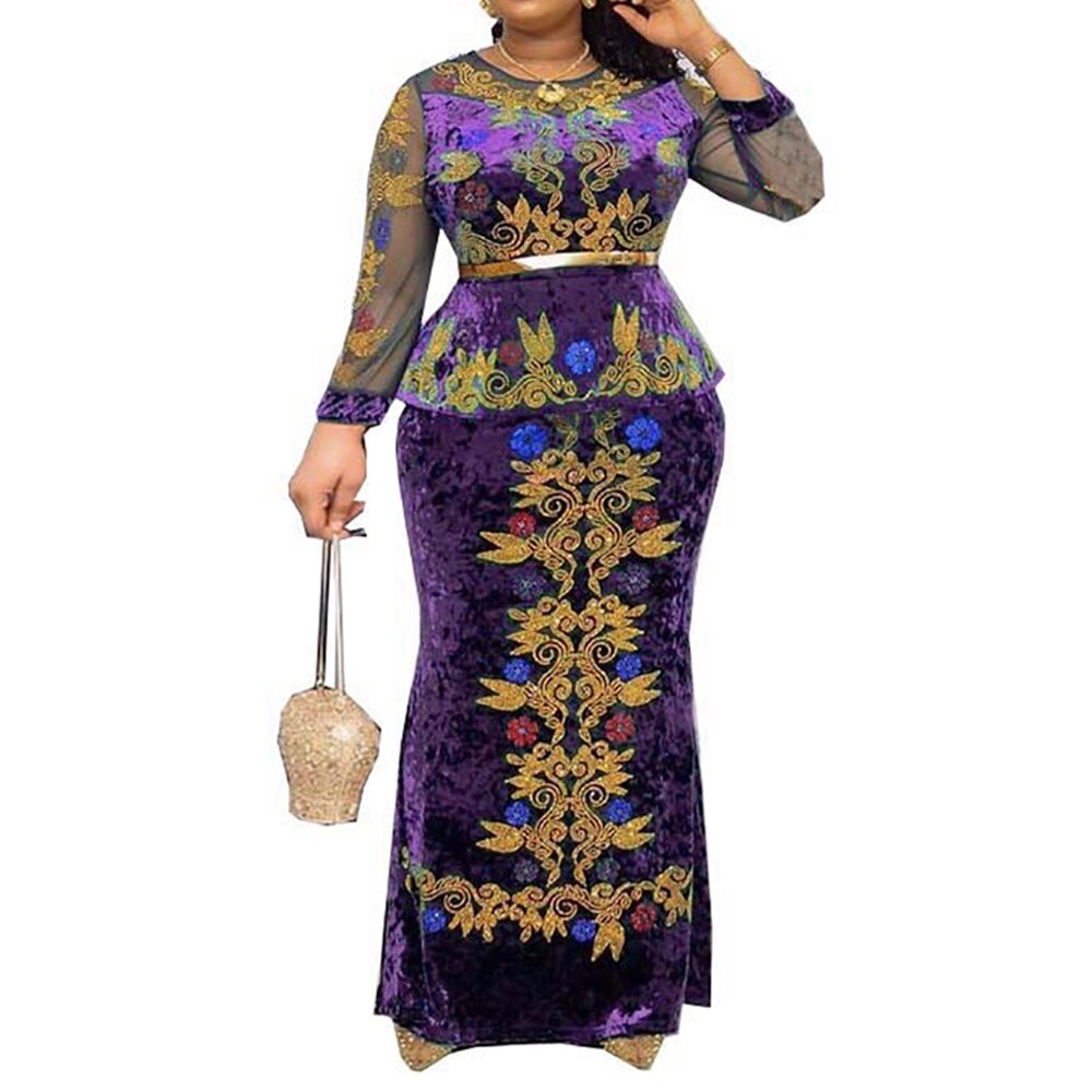 Md luksus verkkohihaiset samettimekot naisille afrikkalainen dashiki brodeerattu pitkä mekko ei headtie nigerialainen viitta juhliin kaftanilla: Violetti / Xxl