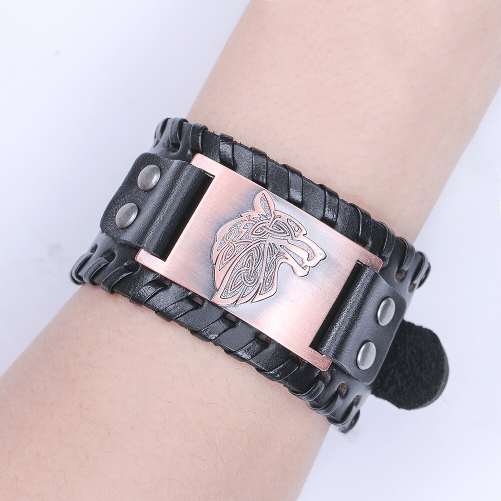 Dawapara Viking Wolf Hoofd Armband Voor Mannen Badge Charm Punk mannen Zwart Lederen Armband Brede Leren Armbanden Voor Vrouwen