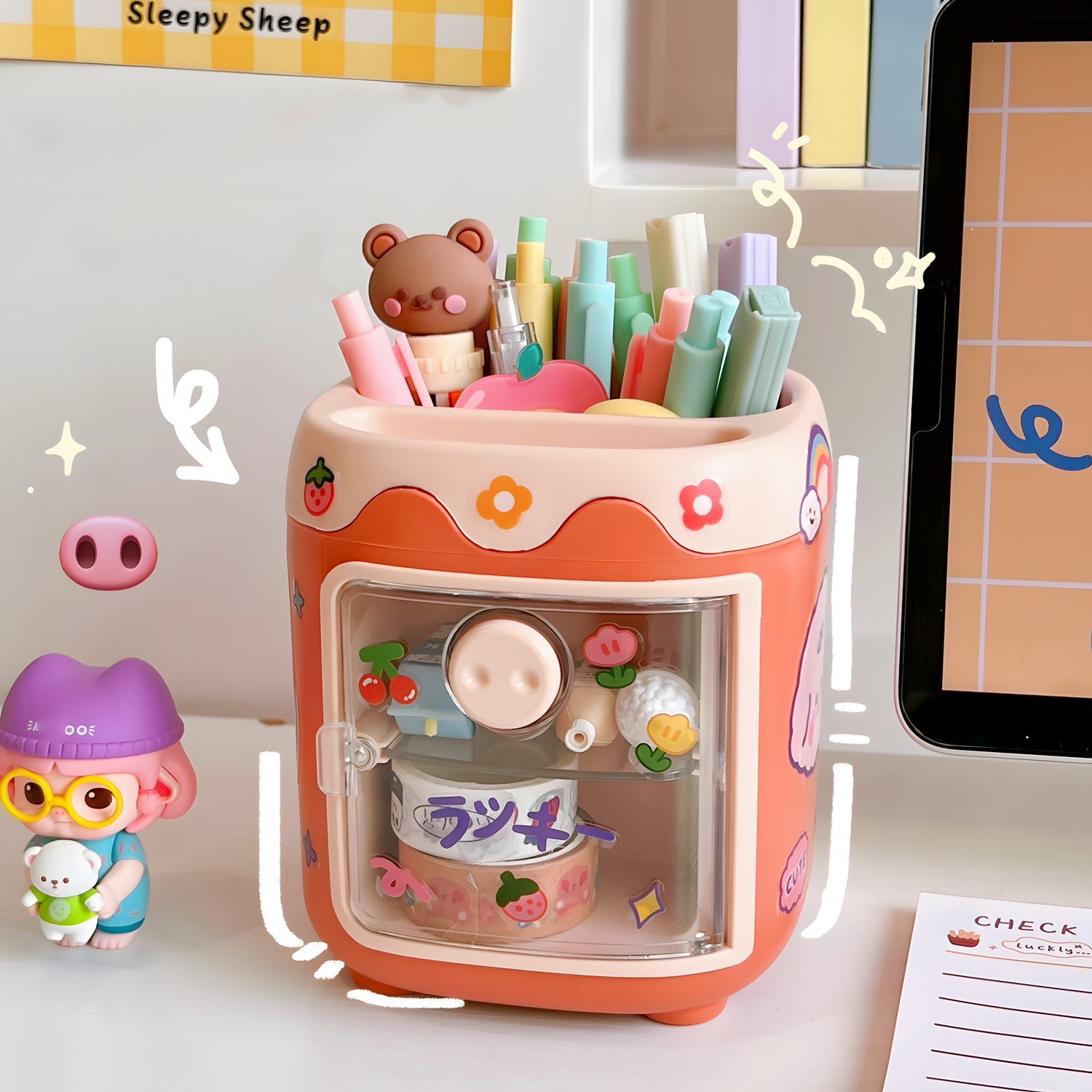 Pen Holder Organizador de Lápis com Gaveta, Cosméticos Maquiagem Brushes Holder para Penteadeira, Pig Nose Cute Pen Holder for Office
