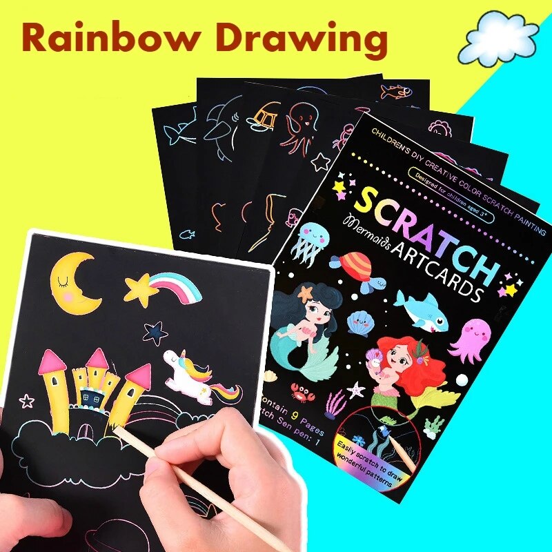 9 Stks/set Magic Rainbow Scratch Artcards Kinderen Schilderen Card Kit Cartoon Dinosaurus Eenhoorn Tekening Kids Diy Educatief Speelgoed