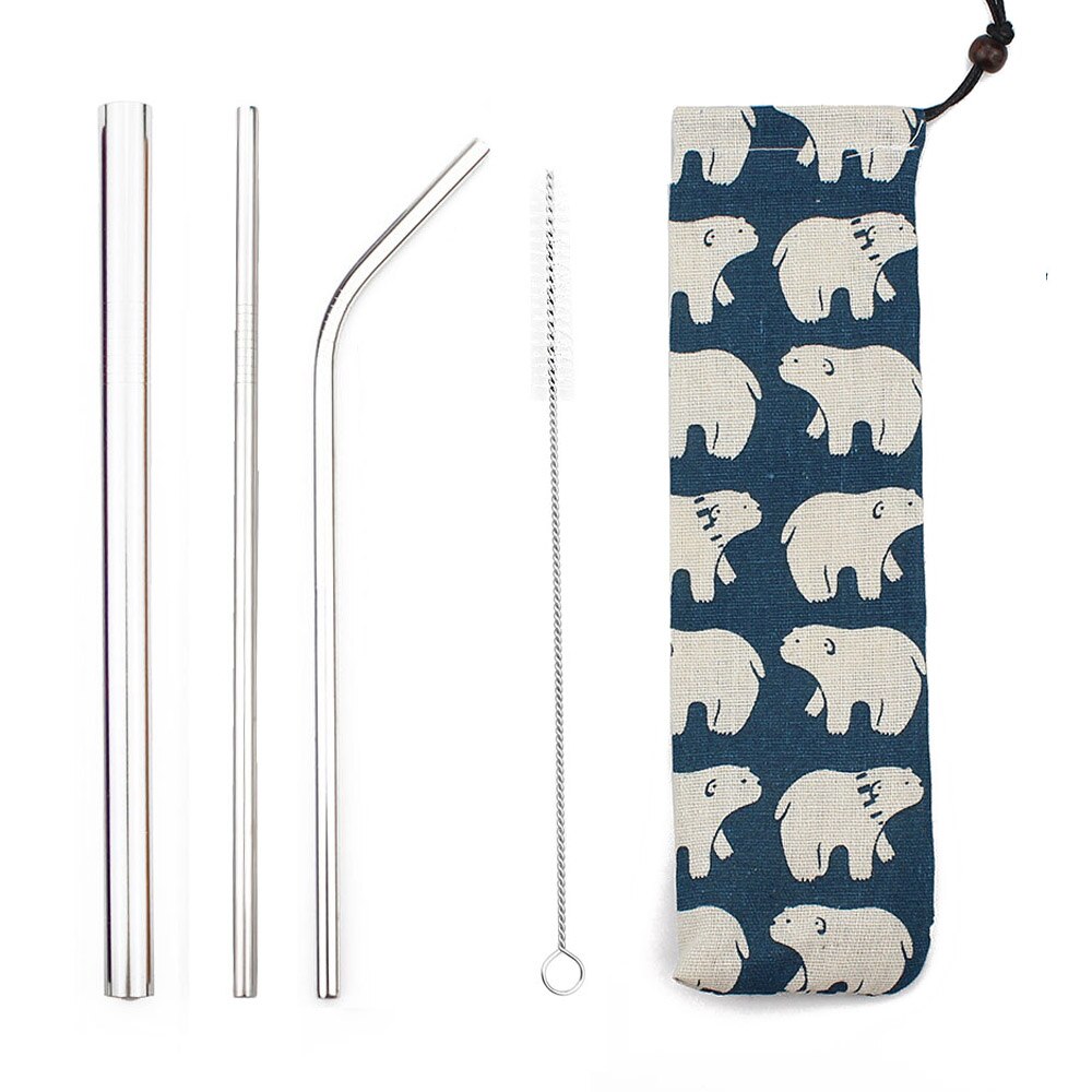 5pcs Herbruikbare Metalen Rietjes 304 Rvs Zilver Stro Set Dikke met Kleurrijke Tas Pouch Clean Brush Party bruiloft: Silver A