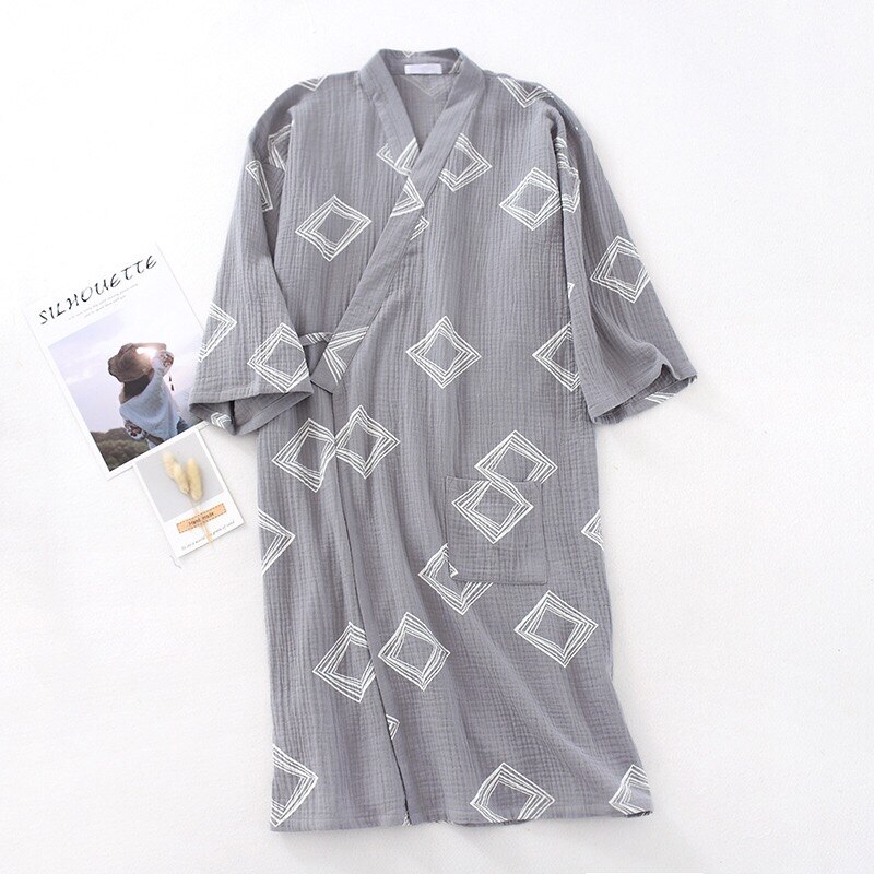 Lente En Zomer Mannen Nachtkleding Eenvoudige Stijl Comfort Gaas Katoen Gewaden Kimono Stijl Losse Dunne Homewear Mannen Badjas: Grey / M