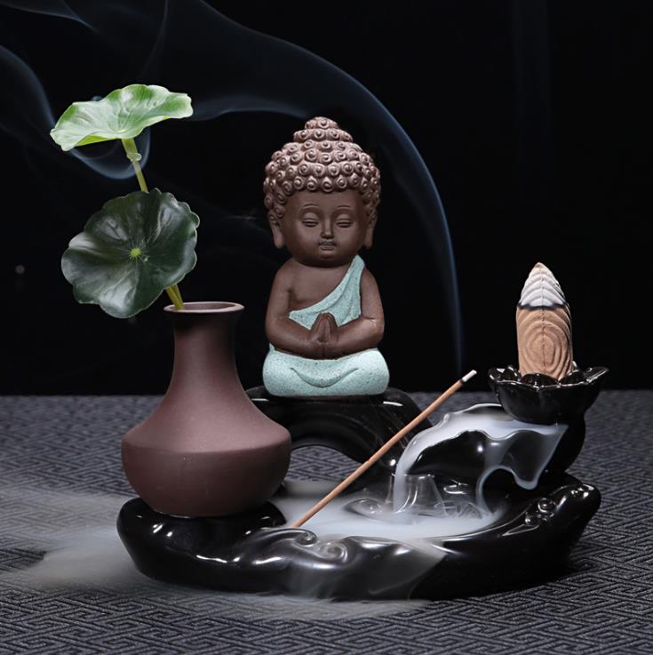 Little Monk Waterfall Incense Burner Backflow Buddha Incense Holder Censer Home Decor Buddhist Aroma Furnace: Green