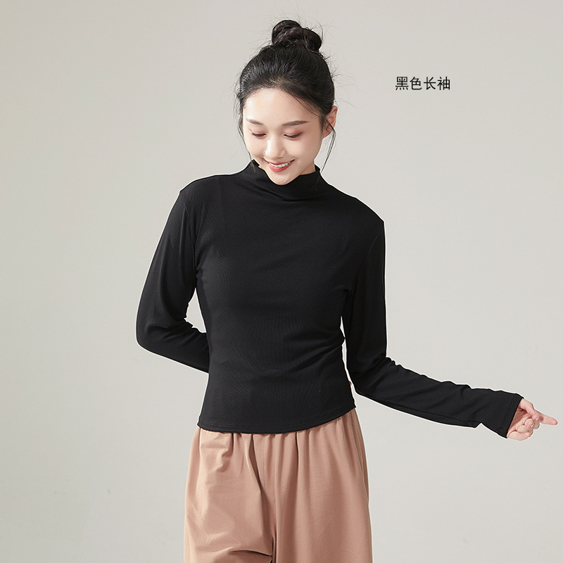 Women Modern Dancewear Long Sleeve High Neck Slim Costume Stage Performance Clothing China Practice Clothes Elastic Tops: XL / black