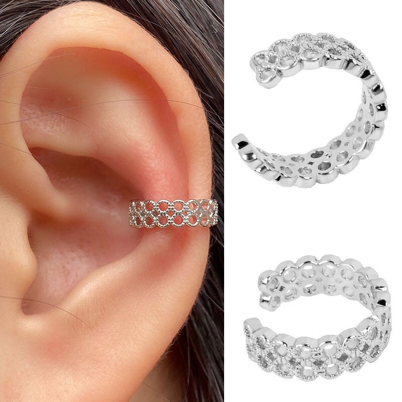 Brinco de punho geométrico feminino, brinco de clipe, sem piercing, dourado e prateado, com corrente de estrela e coração, joia de festa: 2 silver