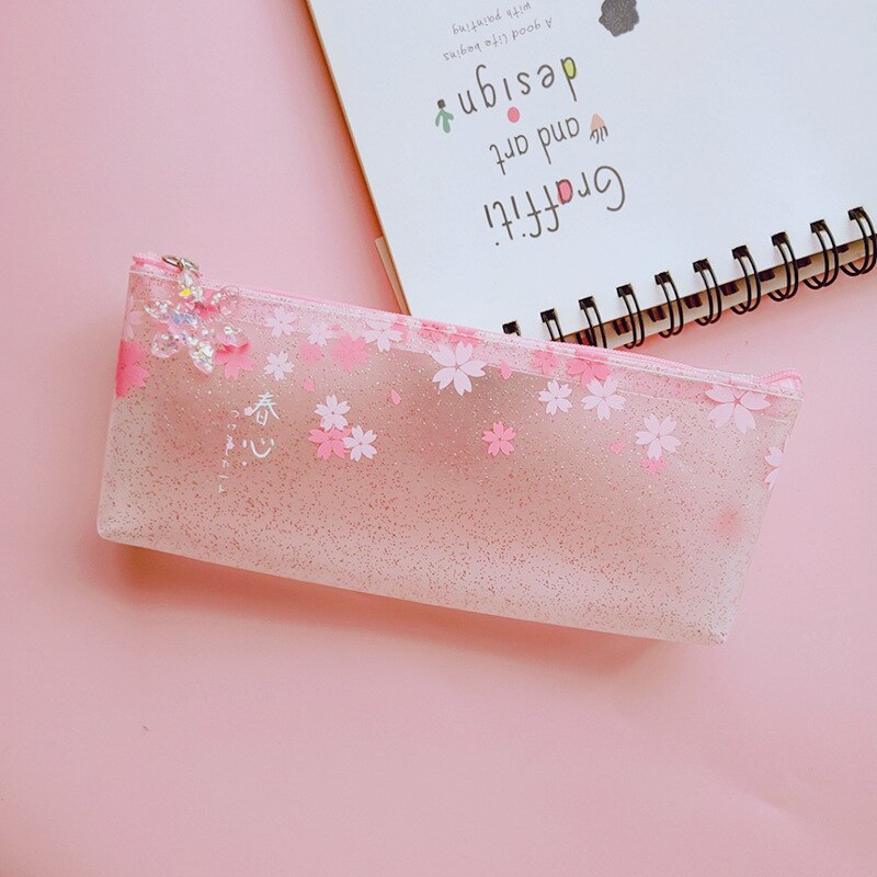 Sød lyserød glitrende matteret sakura blyant taske kawaii blyant tasker pose kontorartikler koreansk papirvarer arrangør: 04