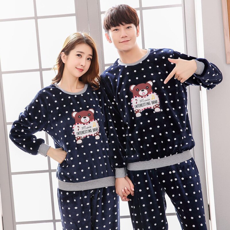 Flanellen winter dames warme print cartoon kat pyjama met lange mouwen lange broek plus dikke o-hals thuiskleding pak pyjama sets