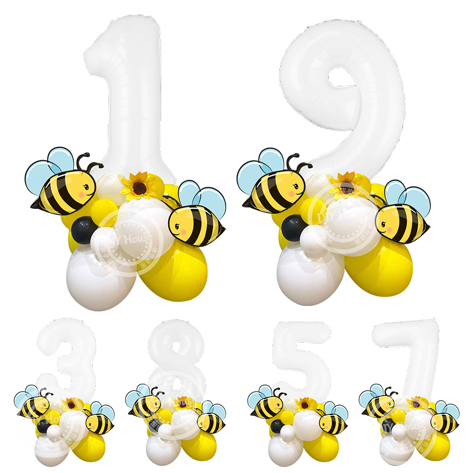 23pcs Carton Bee Balloons Tower 32inch White Number Balloon for Kids Bee Themed Happy Birthday DIY Party Decoration Supplies
