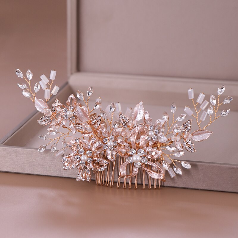 Peines para el pelo de boda con diamantes de imitación en oro rosa a la , accesorios para el pelo para novia, tocado de cristal, adornos para el pelo, joyería para el pelo de boda