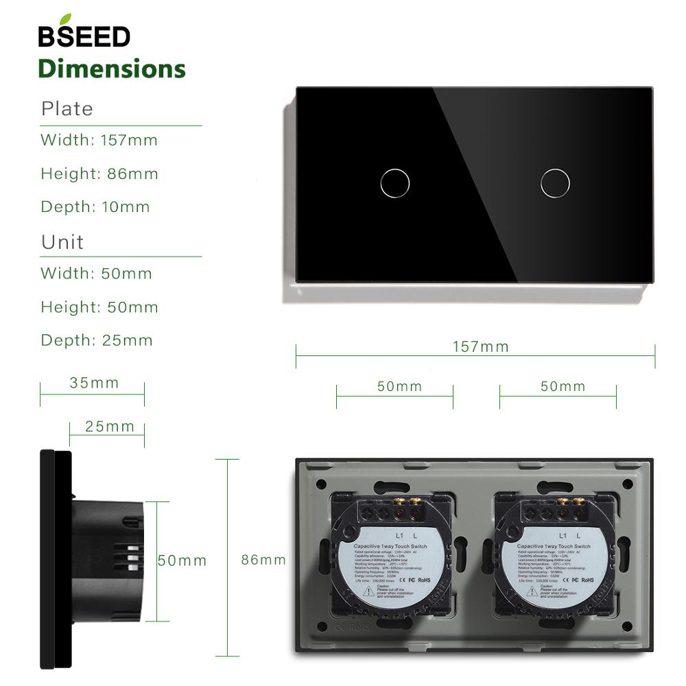 Bseed Eu 2 Gang 1 Manier 2 Way Muur Touch Schakelaar 157Mm Lichtschakelaar Wit Zwart Gouden Kristal Klasse panel 3 Kleuren Schakelaar