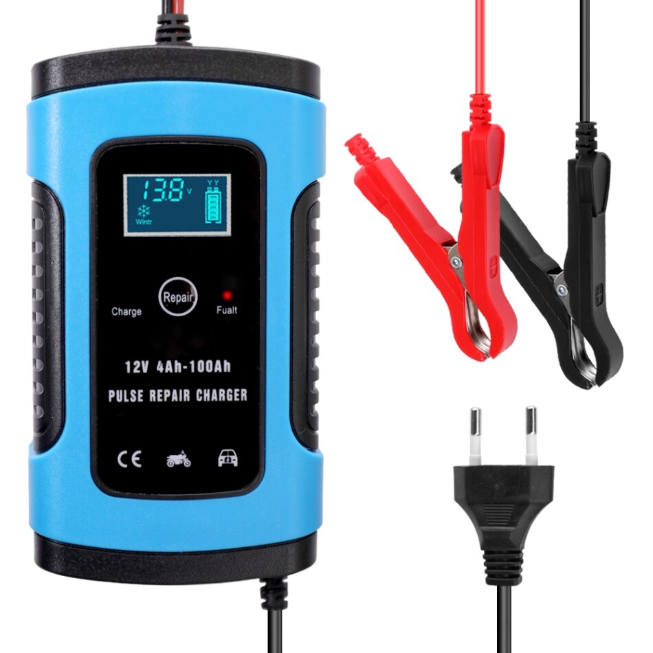 Full Automatic Car Battery Charger 110V-220V To 12V 6A Intelligent Fast Power Charging Wet Dry Lead Acid Digital LCD Display: Blue EU Plug