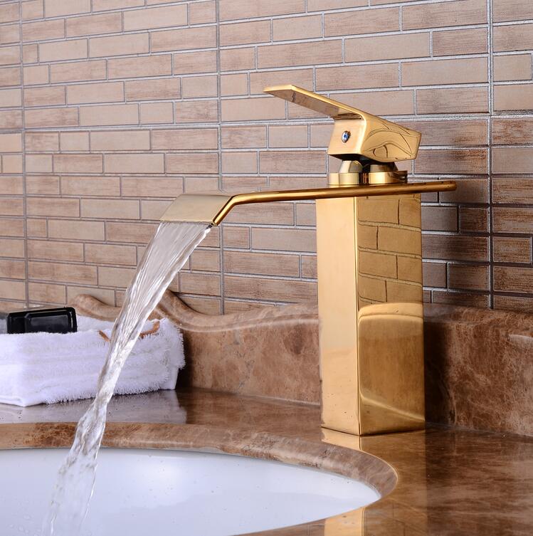 waterval brede uitloop golden Stijl Messing Kraan Enkele Handgreep Warm en Koud mengkraan Water tap 9962