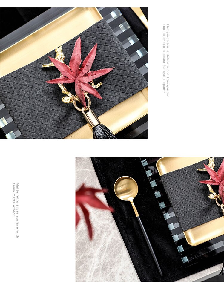 Nowoczesna zastawa stołowa złota szczotkowana stal nierdzewna zachodnia płyta patelnia robić steków czarna kwadratowa taca kryształowa poduszka hotelowa zastawa stołowa