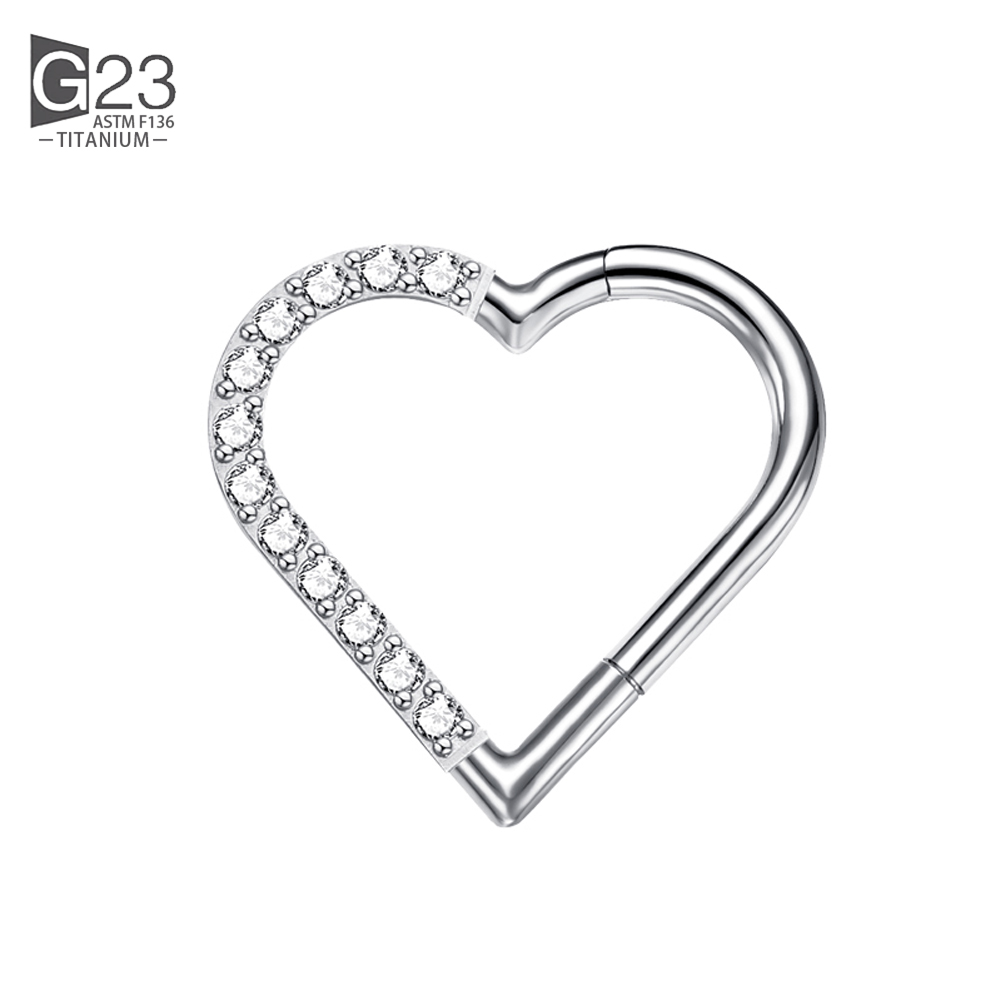 ASTM F-136 anneau de nez en titane Daith coeur boucle d'oreille cerceau Cartilage Tragus D forme Helix anneaux articulé Segment cerceau avec CZ clair