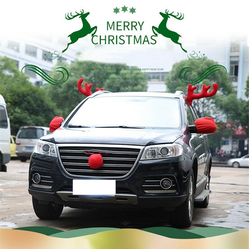 5 xuniversal rød plys + plast bil stor rensdyr gevir næse & bakspejl dækning bil juledekorationssæt