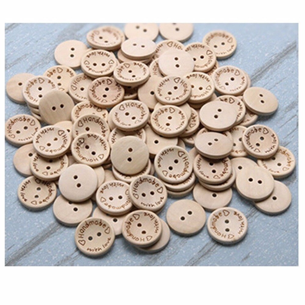100 X Wooden "Handmade Love" Buttons Crafting Sewing Closures Connectors