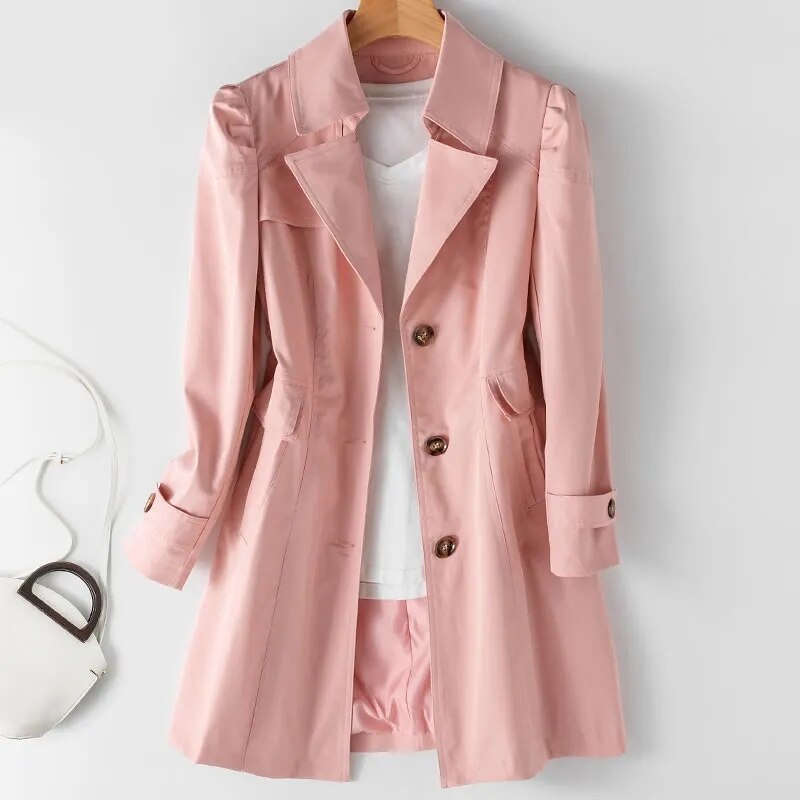 Vår höst enfärgad trenchcoat dam enkelknäppt khaki svart rosa beige vindjacka ytterkläder casual toppar  jh33: Xxxl / Blå
