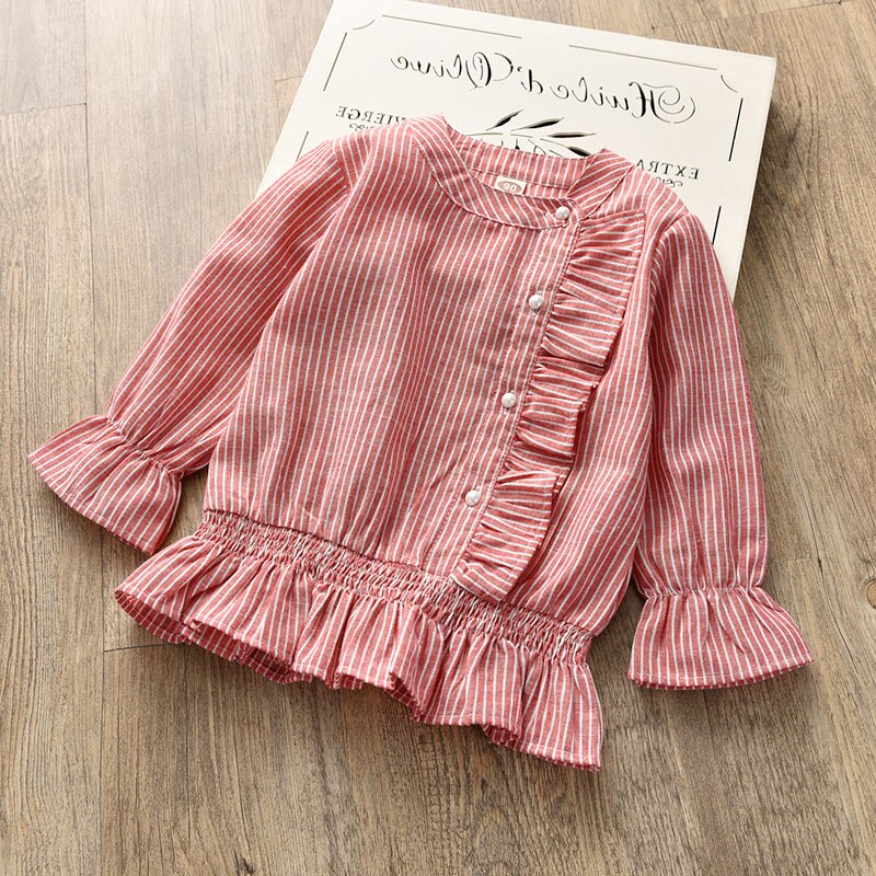 Blusa de encaje con volantes para niña, camisa de manga larga de algodón a rayas para niño, tops, prendas de vestir para niño de 2 a 8 años: red / 6 años