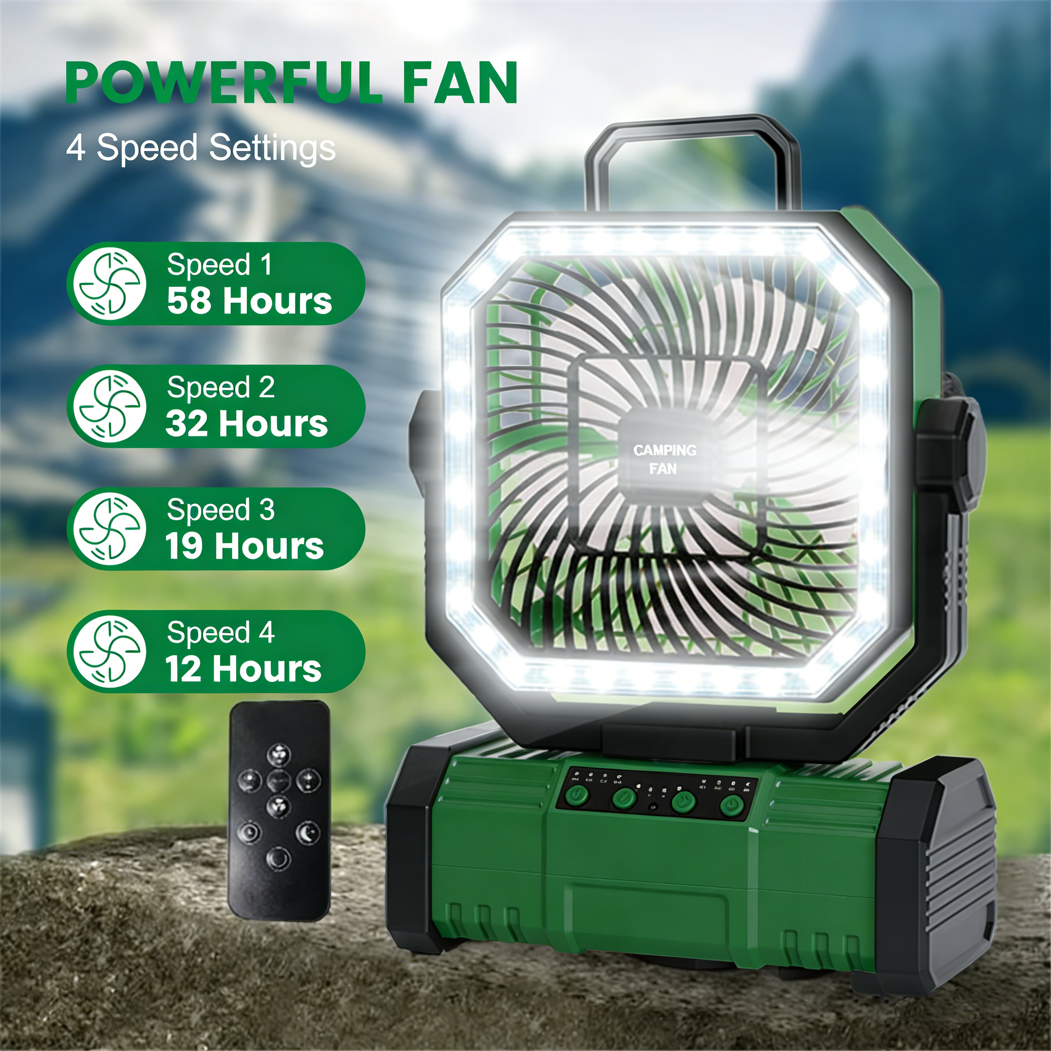 Ventilator de camping alimentat cu baterii de 20000 mah cu cârlig de agățare cu rotație de 360 ° pentru corturi de pescuit, ventilator de tavan reîncărcabil pentru camping: Verde