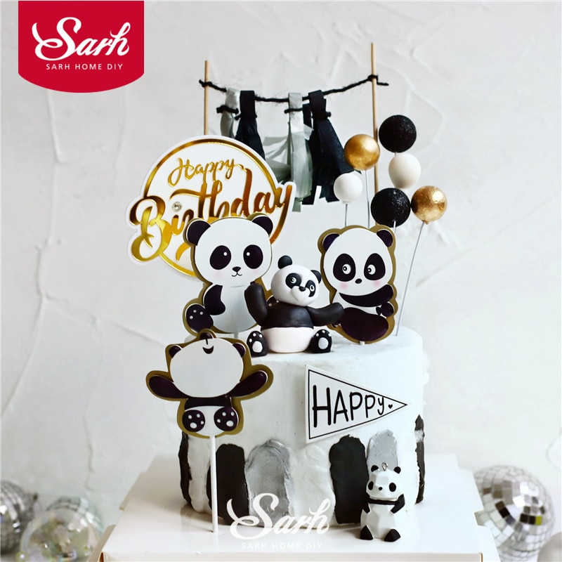 Panda bamboo Cake Topper Happy Birthday Turtle leaf Clay Decoration for Children's Boy Girl Party Supplies Baking Lovely