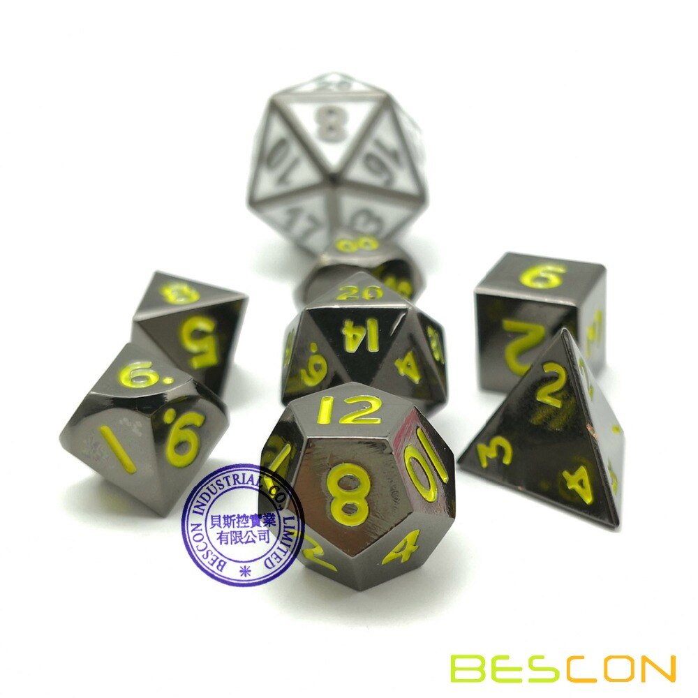 Bescon 10 MM Mini Solide Metalen Dobbelstenen Set Glossy Zwart met Gele Nummers, mini Metallic Polyhedral D & D RPG Miniatuur Dobbelstenen 7-sets