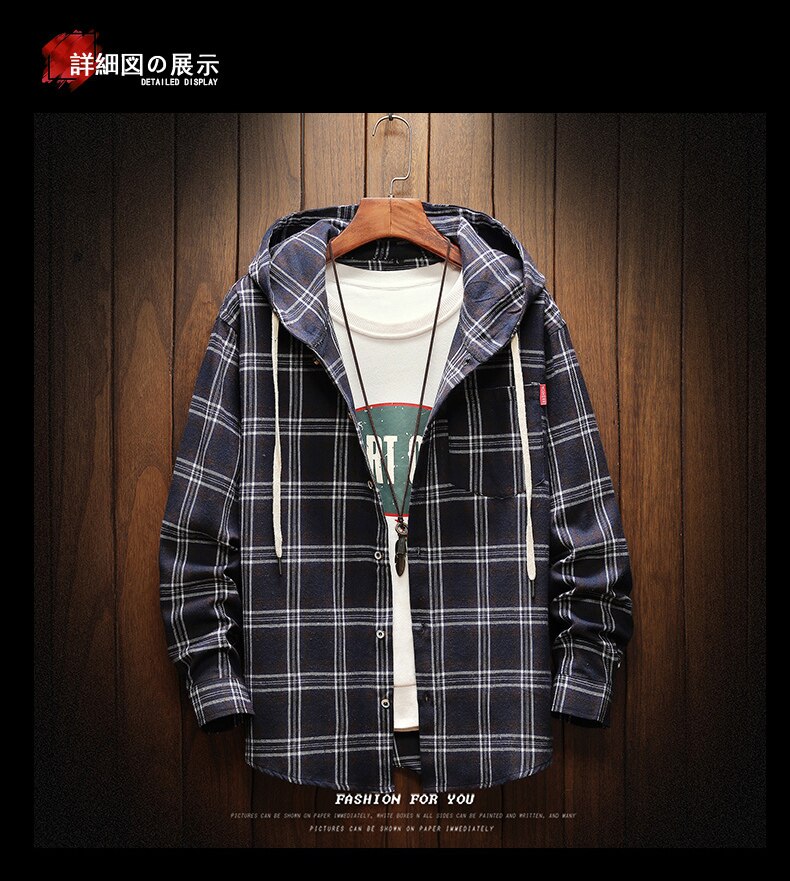 lässig Mit Kapuze Plaid Hemden für männer Lange Ärmeln Neue Frühling Herbst Plus Asiatische Größe M-5XL 100% Baumwolle: Marineblau / XXL