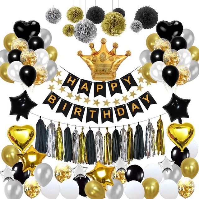 Zwart en Goud Party Decoraties Verjaardag Banner Crown Ballonnen Ster Hart Folie Ballonnen Verjaardag Decoraties Feestartikelen