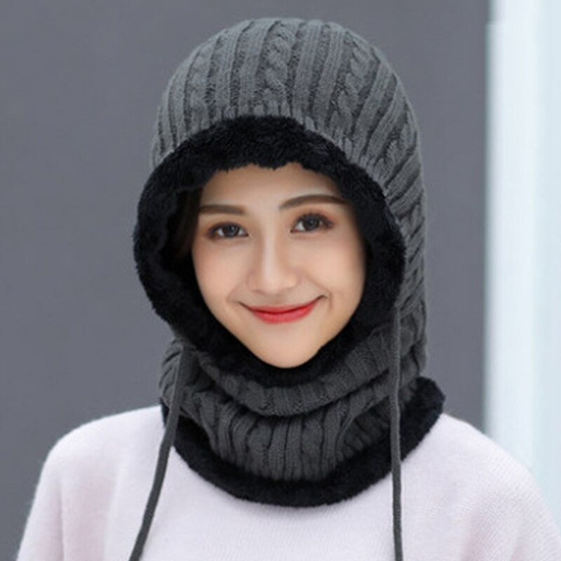 Pasamontañas de punto con Cable para mujer, gorro térmico forrado de felpa, a prueba de viento, con cordón, cubierta completa, capucha, bufanda, Invierno