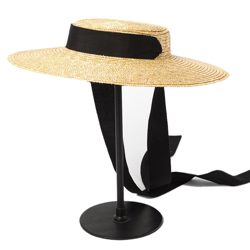 Brede rand boater hoed 15cm rand strohoed platte dames kentucky derby hoed lint stropdas zonnehoed strandpet: Zwart