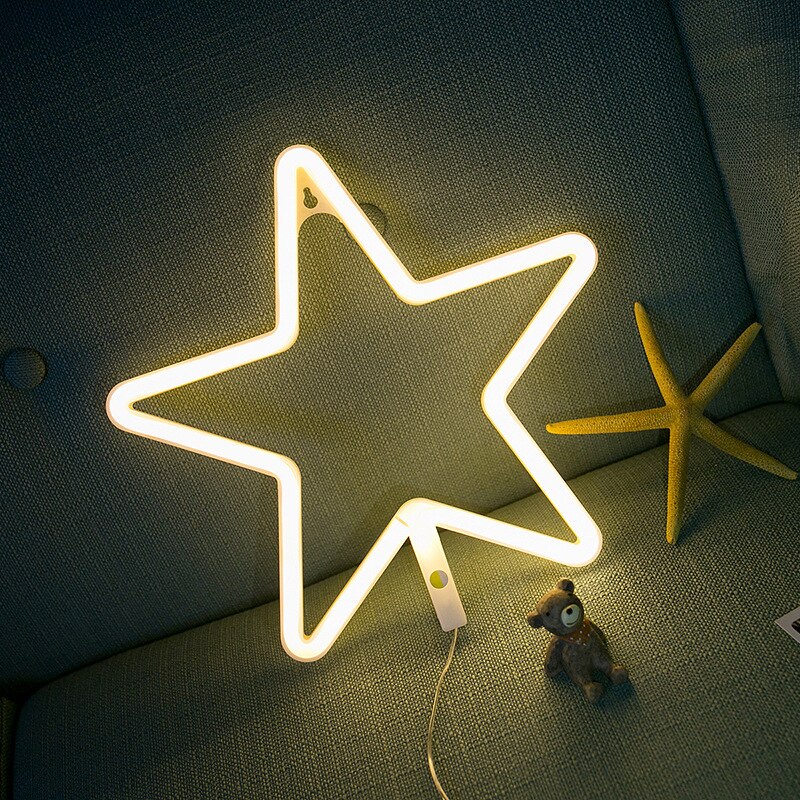 LED Neon Light Hello Wall Art Sign Bedroom Decoration moon star Rainbow Hanging Night Lamp Home Party Decor Xmas: star