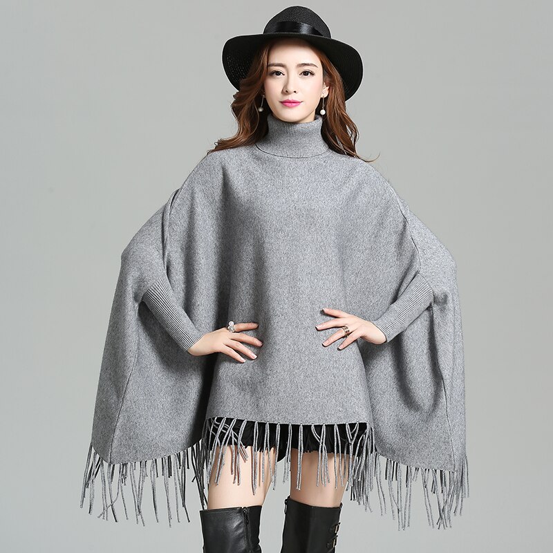 Stil vinter løs sweater sjal rullekrave lange kvaster strikket flagermusærmer sweater