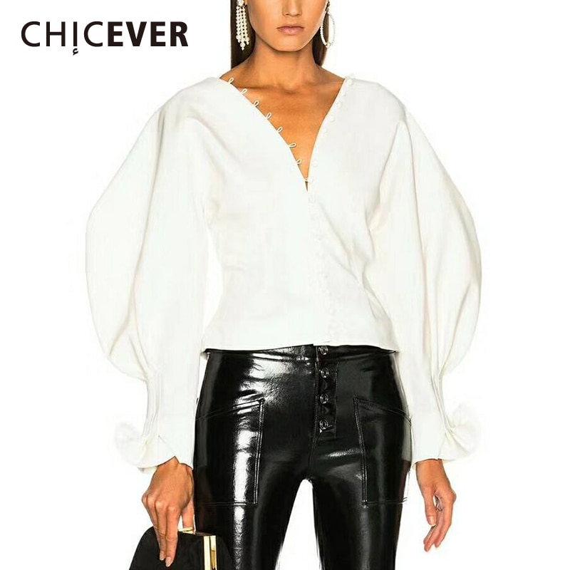 Chiquever branco minimalista blusa para mulher decote em v lanterna manga longa fino elegante blusas casuais femininas roupas de moda outono
