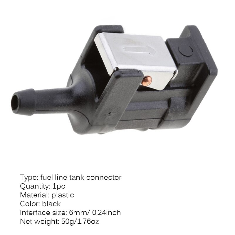 Påhængsmotor motor brændstofledningstankstik sort plast 6mm slangepil markeret på karrosseri med 6mm grænseflade