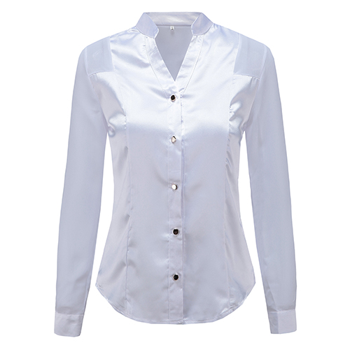 Moda Jihan Vrouwen Blouses Wit Zwart Lange mouw Chiffon Splice Satijn Office Tops Slanke Stijl V-hals Vrouwelijke: WHITE / L