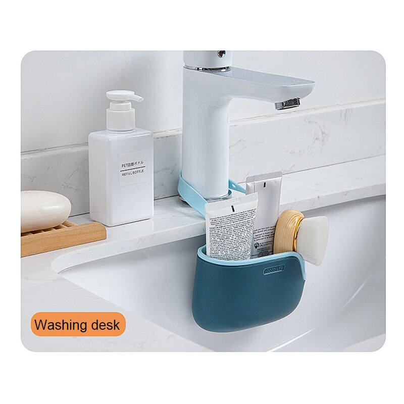 Justerbar vask hylle såpesvamp avløpsstativ oppbevaringskurvpose kranholder baderomsholder vask kjøkkentilbehør verktøy