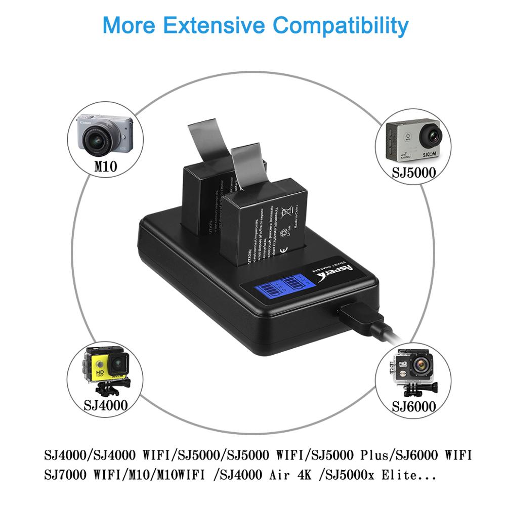 4 stk action kamera batterier + lcd usb dobbelt oplader til akaso, crosstour, sjcam ,sj4000, eken  h9,m10,sj5000 4k undervandskamera