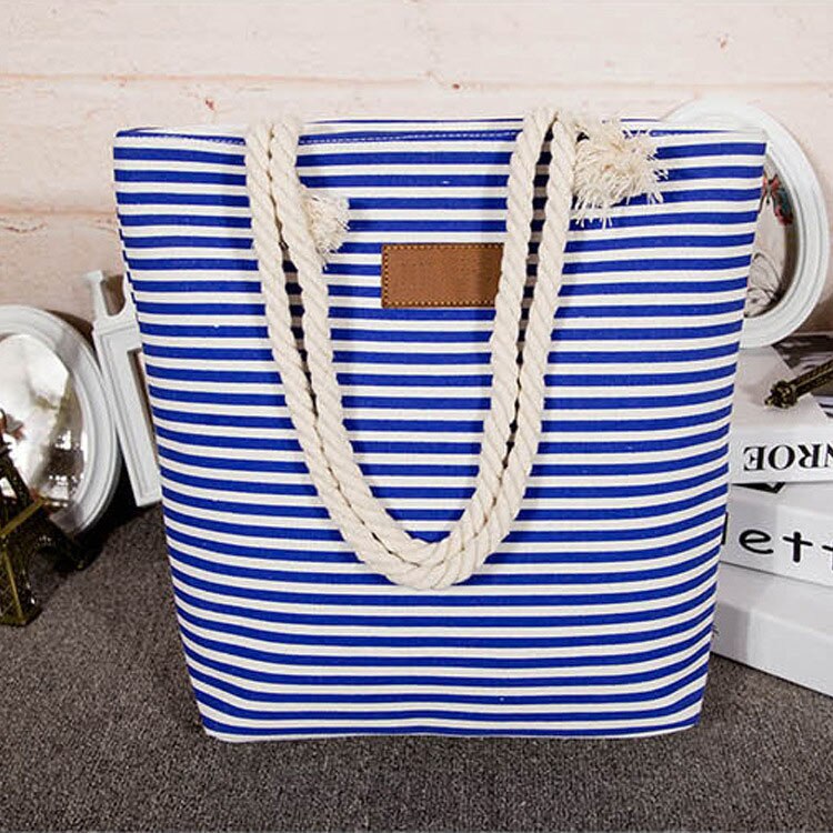Frauen Streifen Leinwand Strand Tasche Große Kapazität Weibliche Zipper Schulter Tasche Damen Polyester Totes Mädchen Casual Shopping Handtasche: Blau