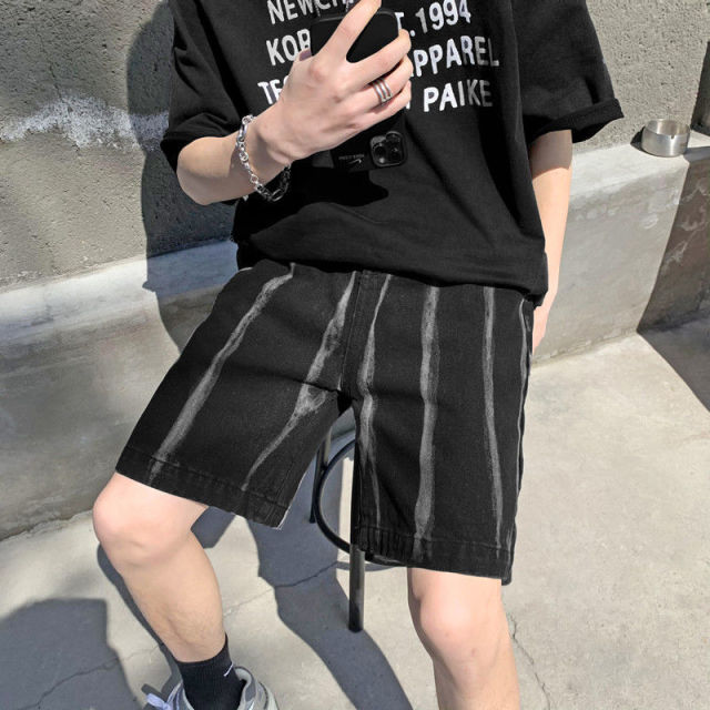 Denim shorts men's summer thin loose wide leg straight tube trend Korean style high street style pants: Denim Shorts Black / S